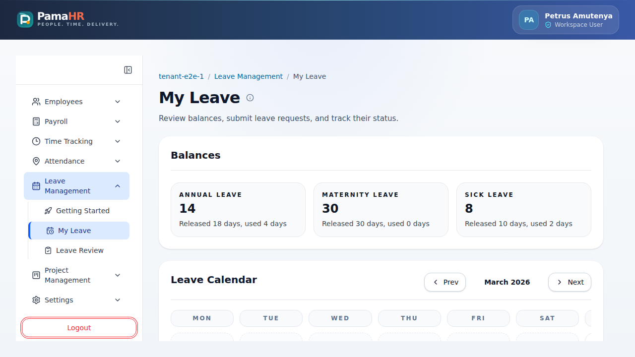 PamaHR employee leave balances and calendar